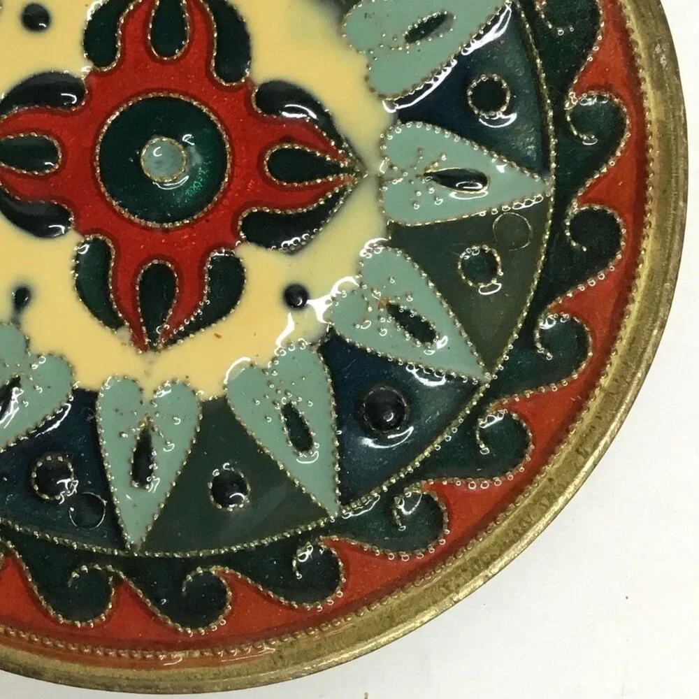 VTG Enamel Brass Wall Plate 3” Folk Art Cloisonné Boho Retro MCM Hanging Mandala